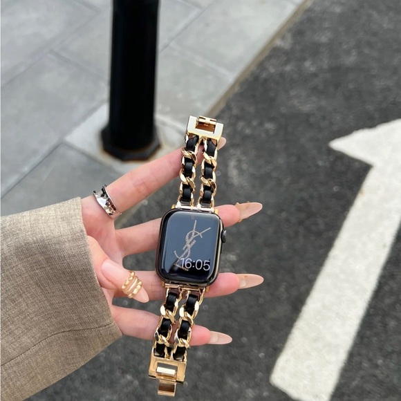 NEW Strap Gold Black Chain Leather Stainless Band For Apple Watch - Picture 3 of 5